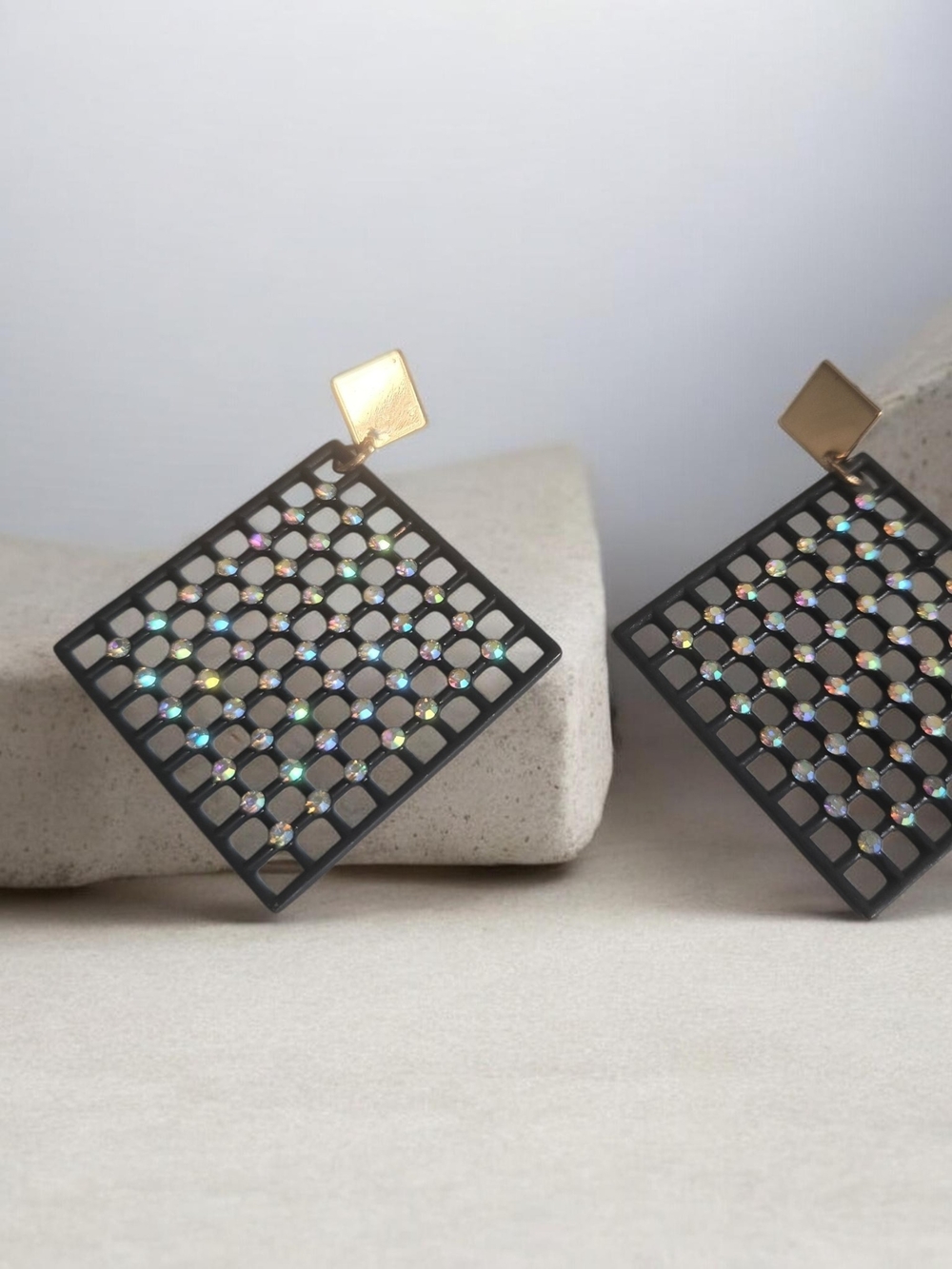 Aldo Gold & Black Grid Drop Earrings with Iridescent Stones